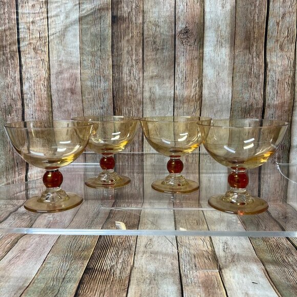 Hand Blown Ball Stem Sherbet Glasses~4~Gold Champagne Glass with Amber Ball Stem - Picture 5 of 6